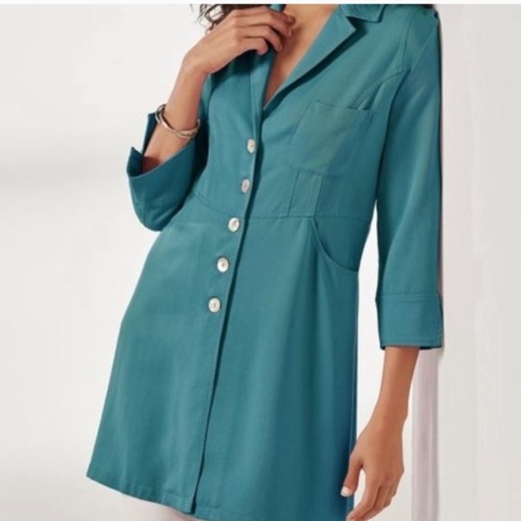 Soft Surroundings Marcie Teal Button Down Shirt Tunic Tencol Women’s Size Medium - Picture 1 of 6